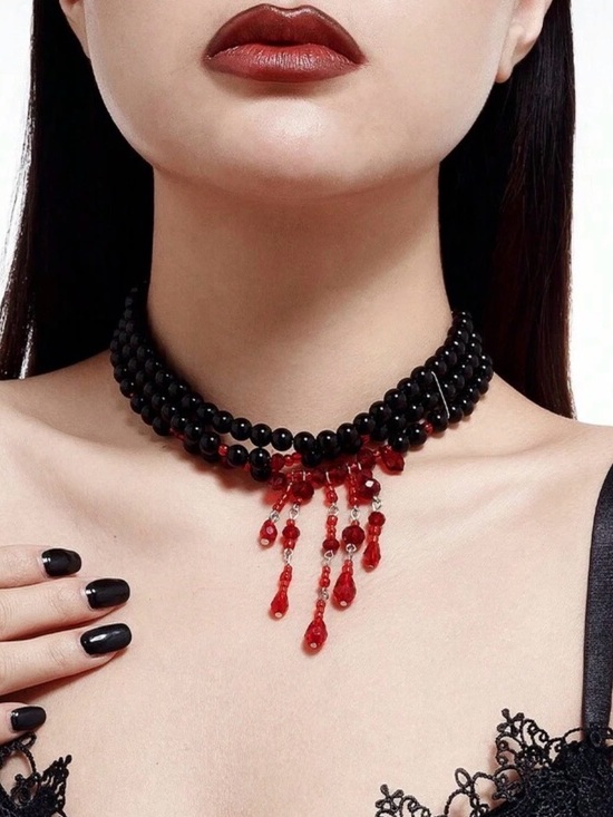 Jewelry - Elegant Black Beaded Choker with Red Crystal Drops